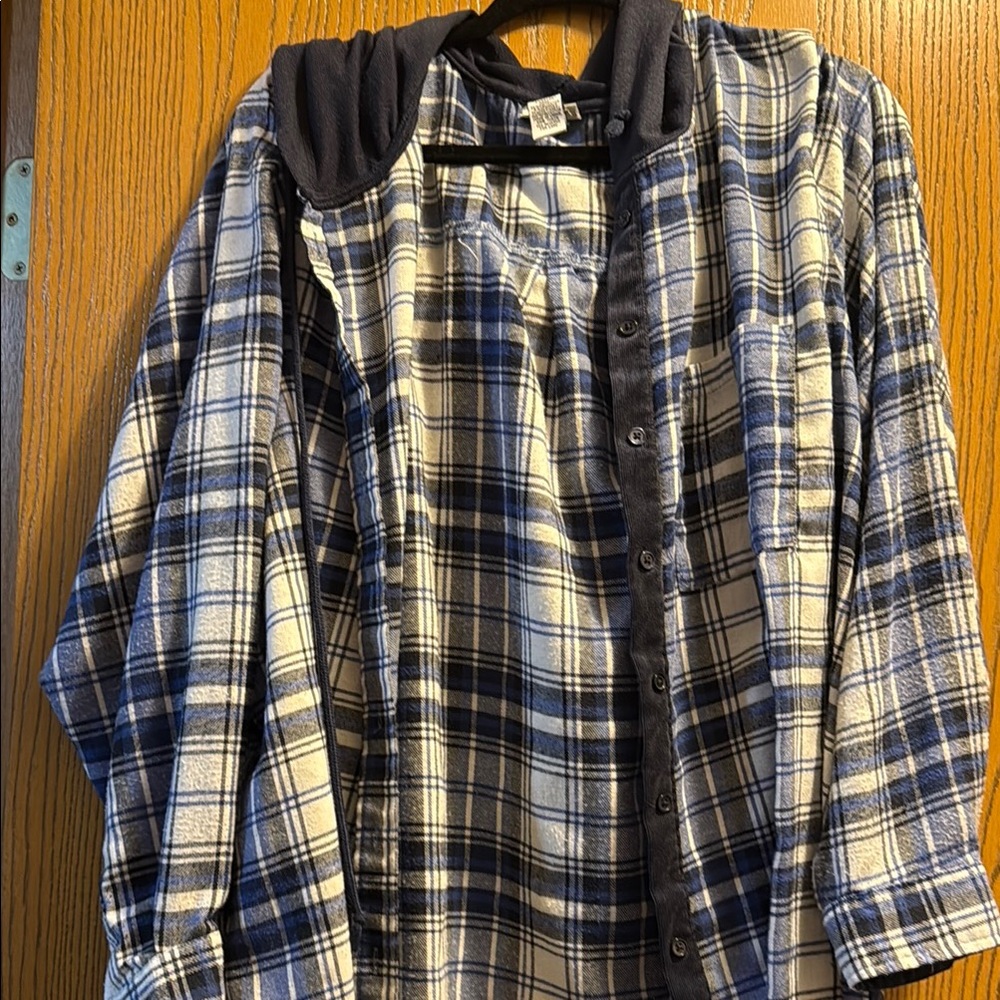 Blue and White Plaid Flannel Shirt